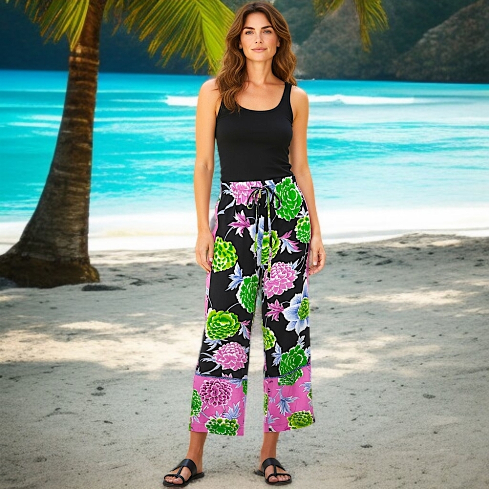 Floral Patchwork Wide Leg Pants M Hippie Artsy Boho Chic‎ Fairy Flowy Drawstring